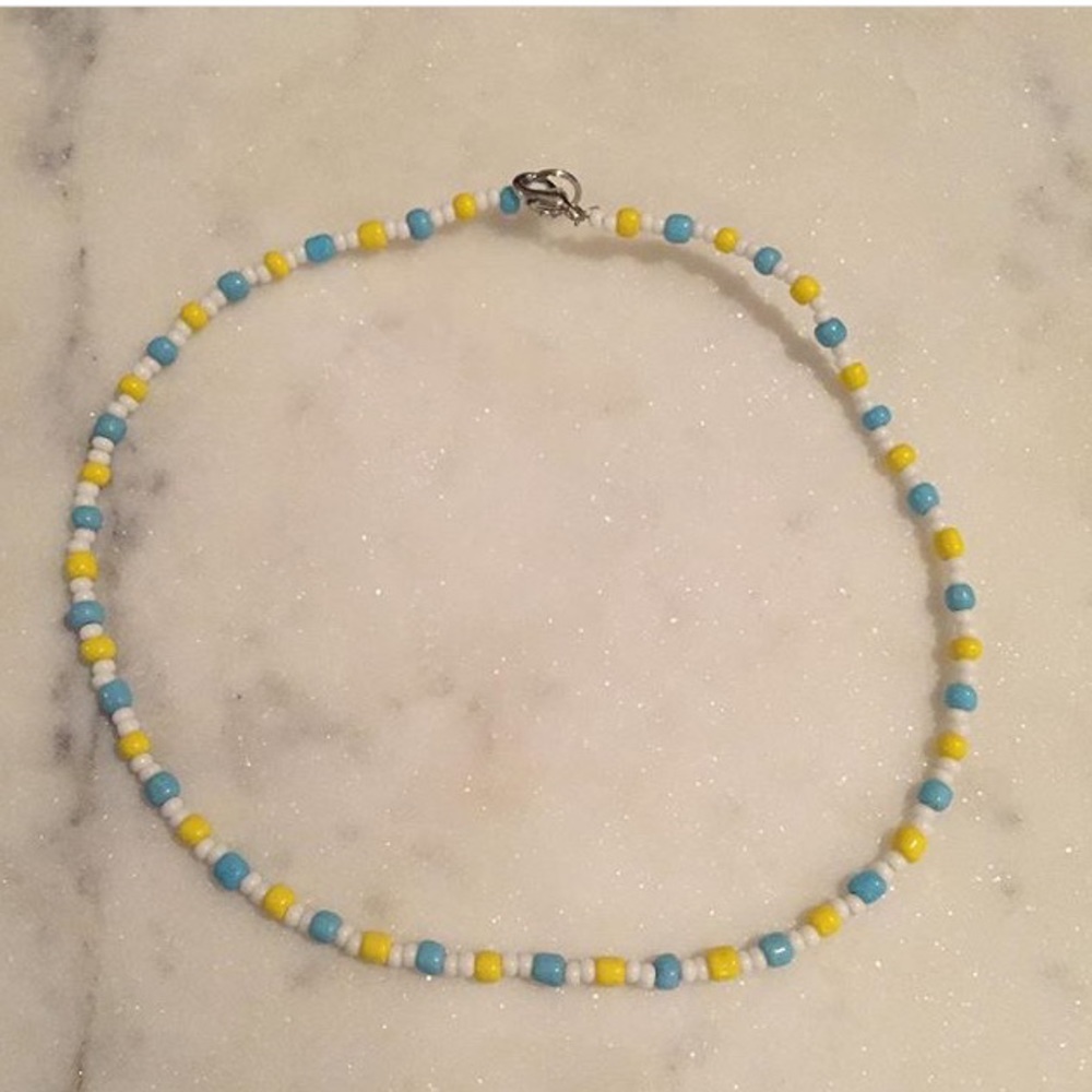light blue, yellow and white handmade necklace!